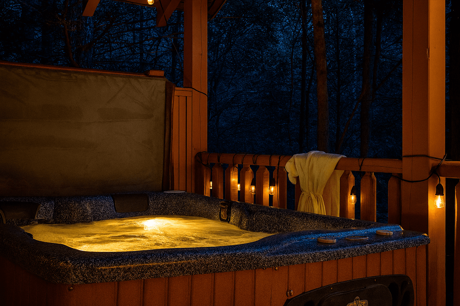 Relax in the serenity of the private back deck hot tub under the stars.  Soak after a long day of hiking or simply to let your worries fade into the night sky.